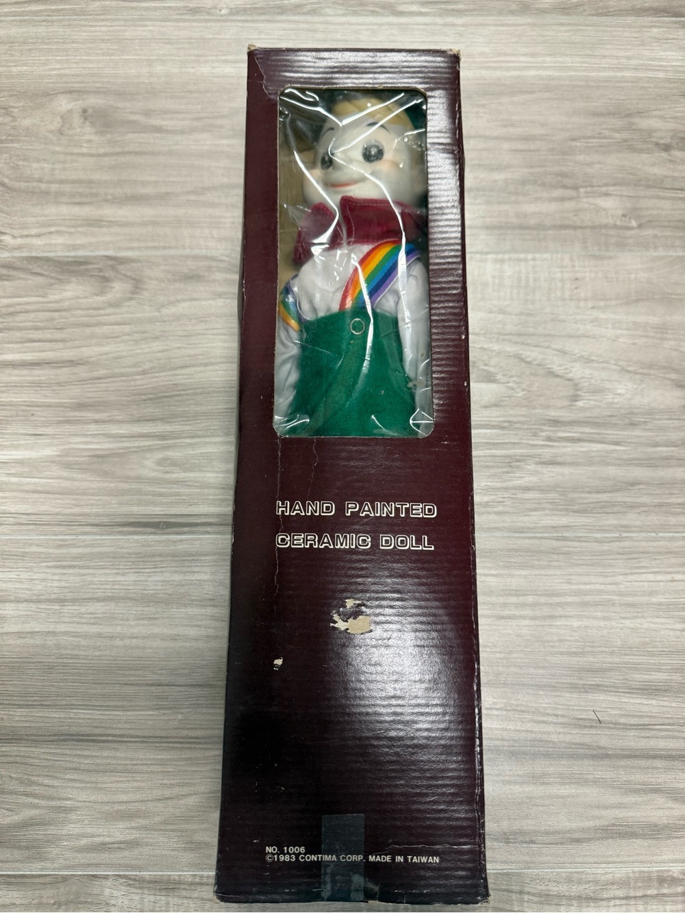 Vintage 1983 Hand Painted Ceramic Doll - Green Outfit with Rainbow Accent Rare